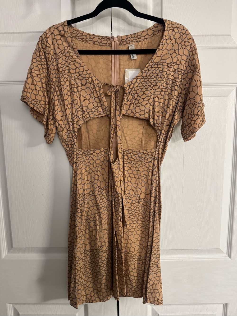 Tan Patterned Short-Sleeve Cutout Dress with Tie Front